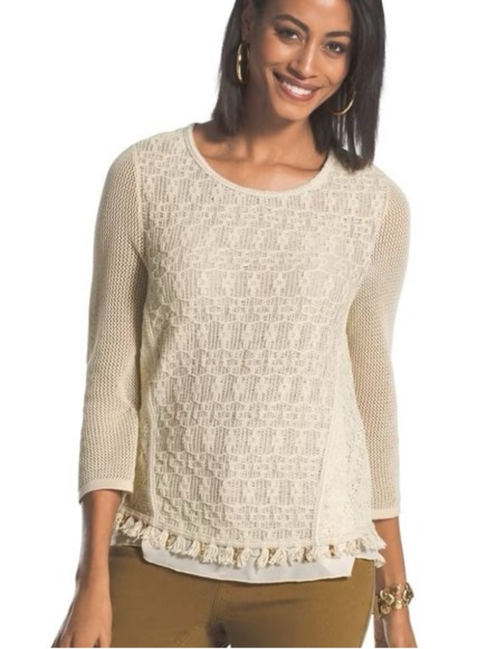 Chico's Cream Open-Knit Tassel Hem Top
